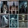 A collage of scary Halloween window curtains featuring various horror characters and skulls.
