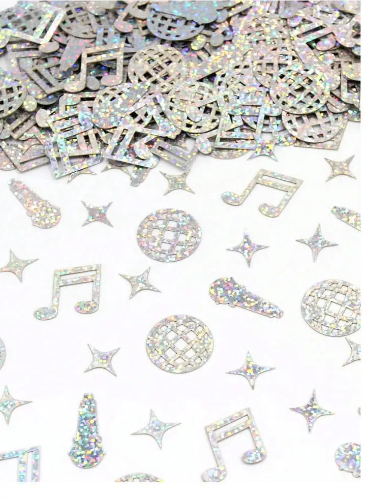 Glitzer-Konfetti-Pack mit verschiedenen Formen wie Musiknoten und Sternen für Disco-Partys