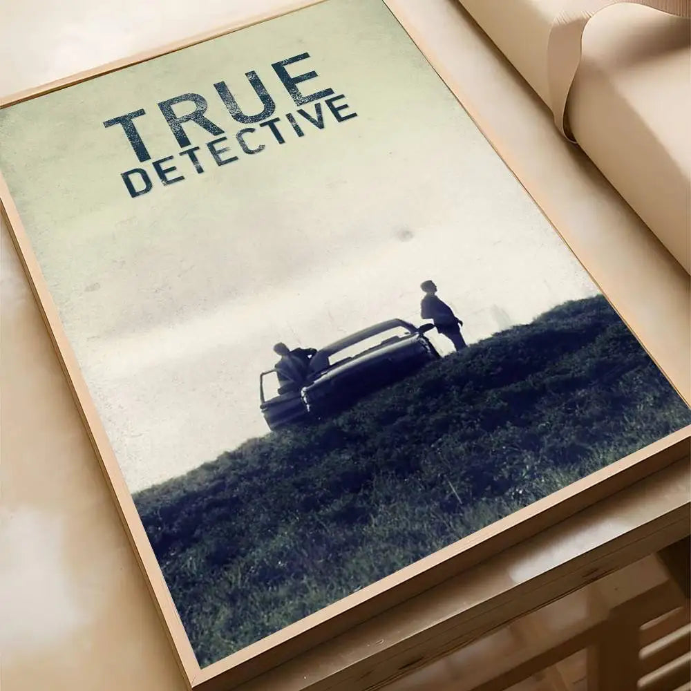 A movie poster titled True Detective featuring a dark landscape and a silhouette of a figure on a hill.