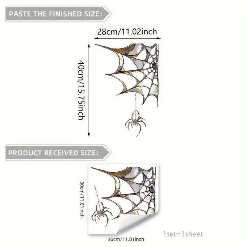 Comparison of finished size and received size for Halloween spider web window decals.