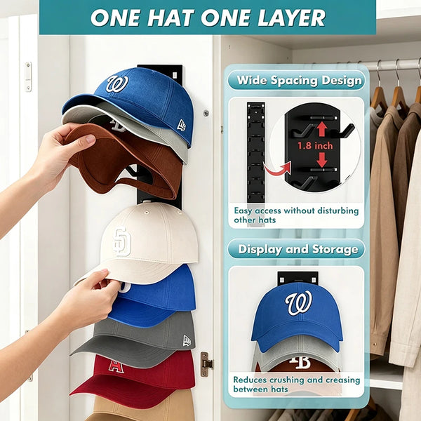 Wall-mounted cap organizer rack showing a wide spacing design for storing baseball hats.