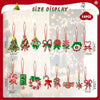 A display of sixteen mini wooden candy cane Christmas ornaments in various colors and sizes.