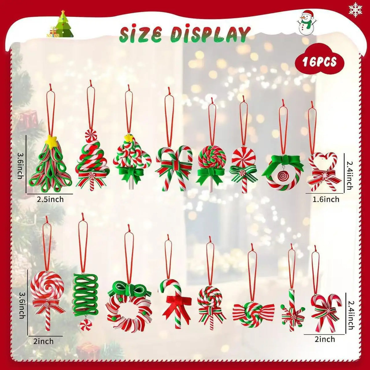 A display of 16 wooden candy cane Christmas ornaments in various colors and sizes.