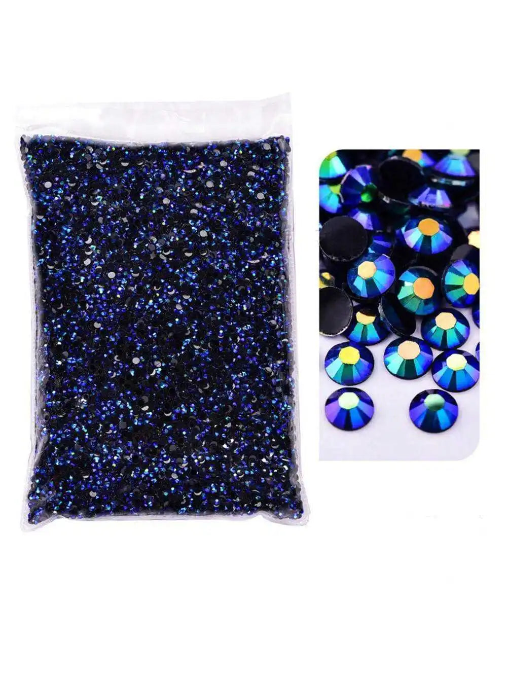 Bag of dark blue glitter and iridescent resin rhinestones for craft projects