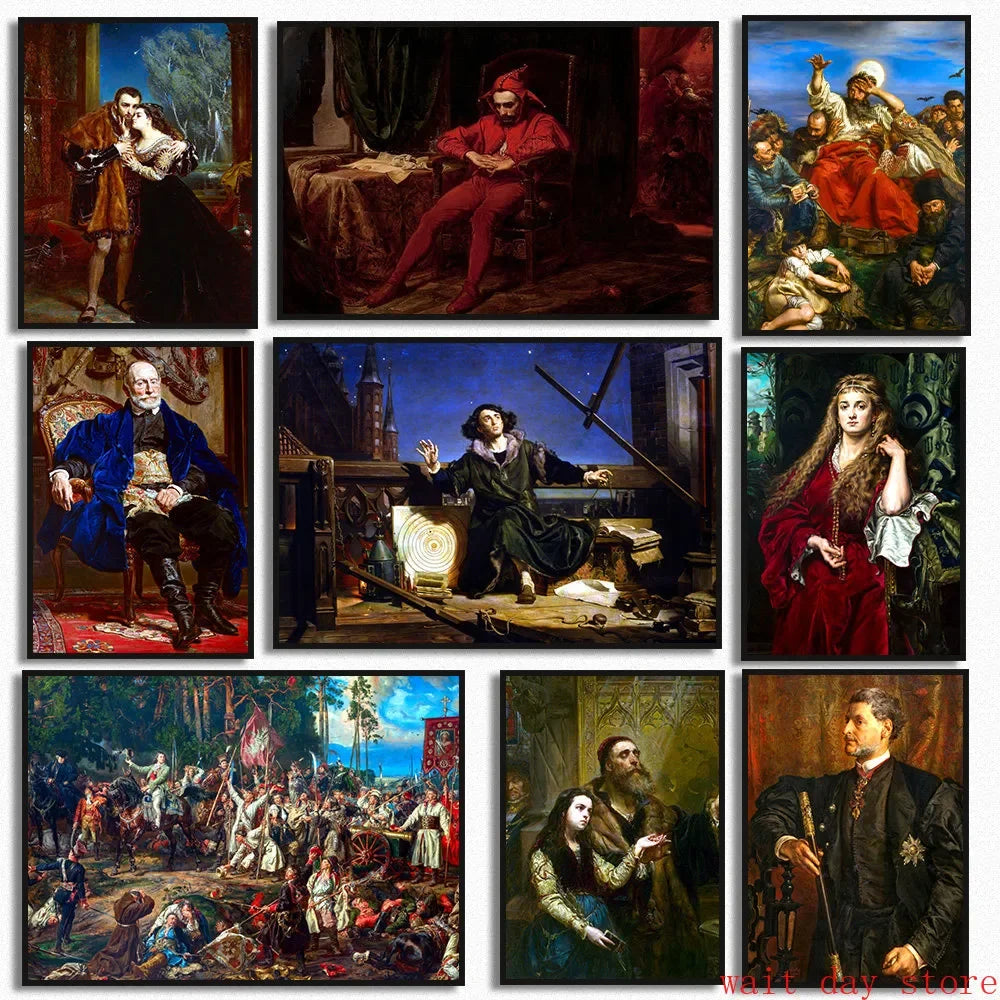A collection of vintage style canvas art prints featuring various historical and dramatic paintings.