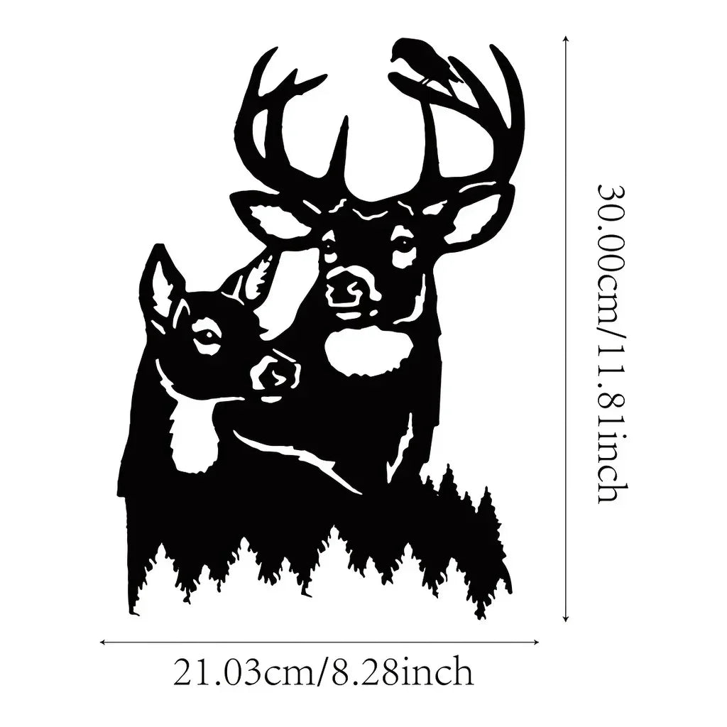 A black metal sculpture of a deer head with antlers mounted on a wall.