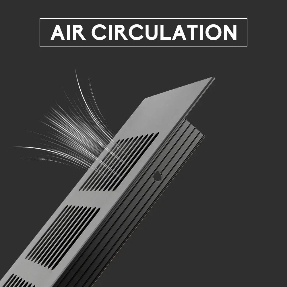 A close-up view of an aluminum alloy rectangular ventilation grille, illustrating air circulation.