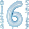 A large light blue foil number balloon shaped like the number 6.