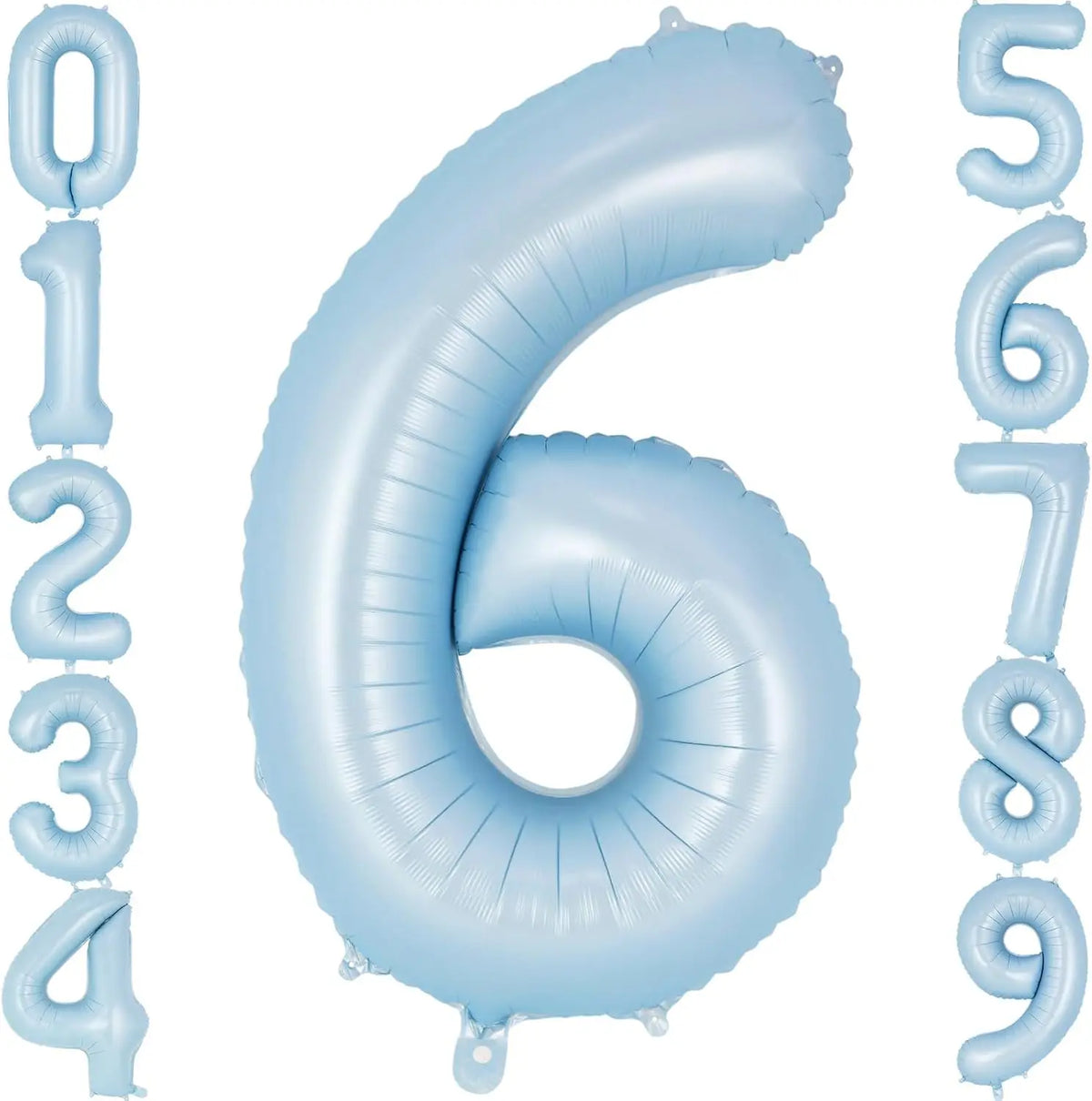 A large light blue foil number balloon shaped like the number 6.