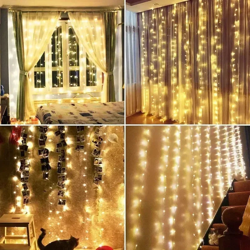 Close-up photos showing fairy curtain string lights decorating a bedroom window and a wall.