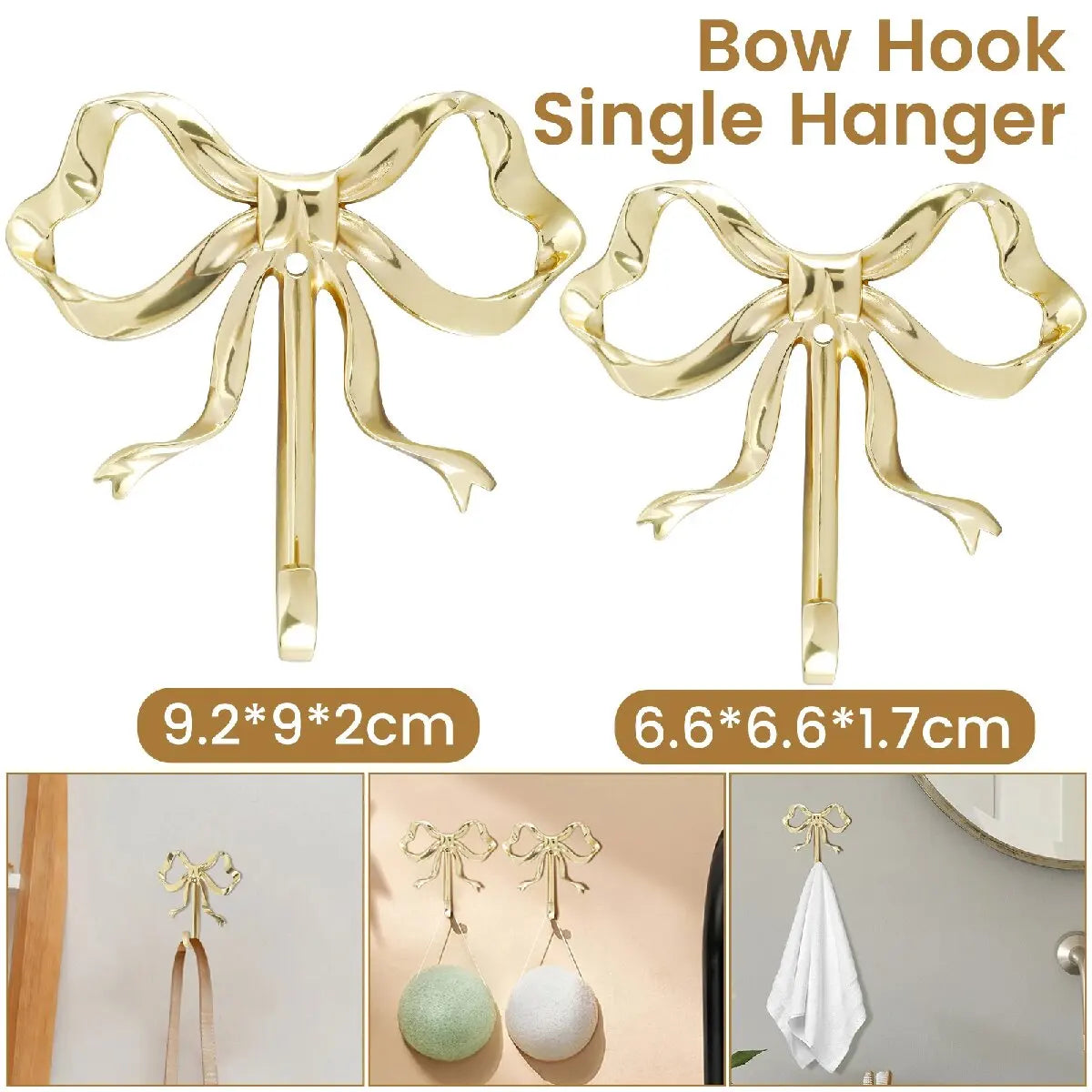 Brass bow hook single hanger in gold color shown with various hanging items