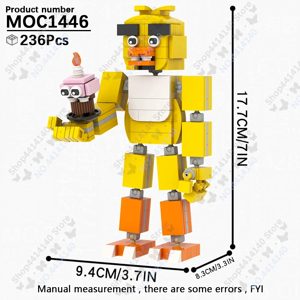 A yellow and orange building block model of a Freddy character, measuring 17.7 cm tall.