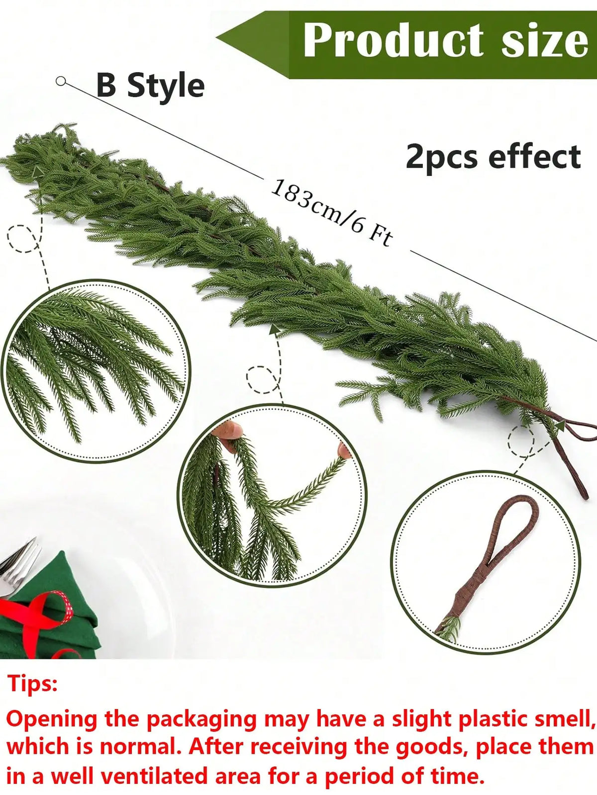 A long, green artificial Norfolk pine garland, 6 feet long, shown with close-ups of the foliage and packaging details.