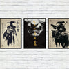 Three vertical black and white Japanese woodblock prints featuring samurai figures and masks on a white brick wall.