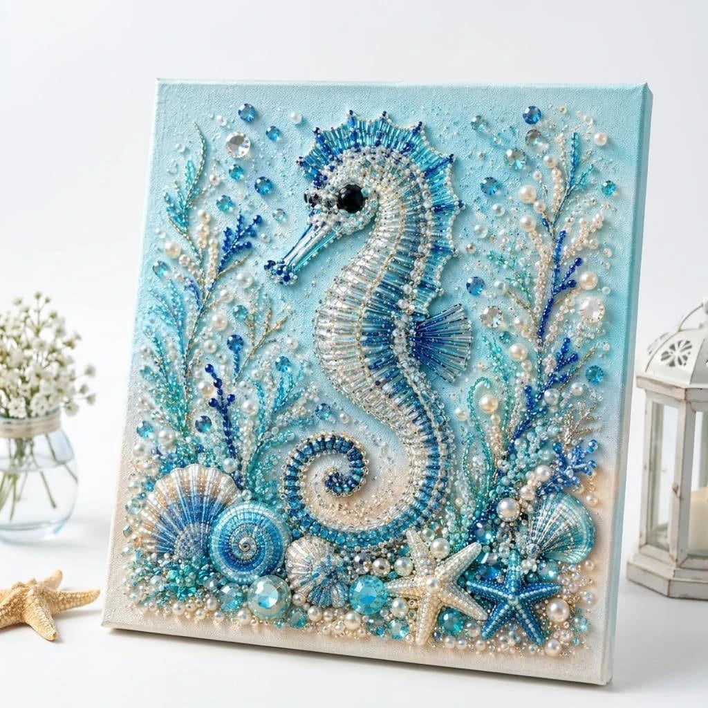 Kit de pintura de diamantes con una criatura marina azul y blanca, como un dragón o pez, sobre un fondo azul claro.