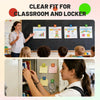 A woman is shown using colorful magnetic clips for classroom and locker organization.