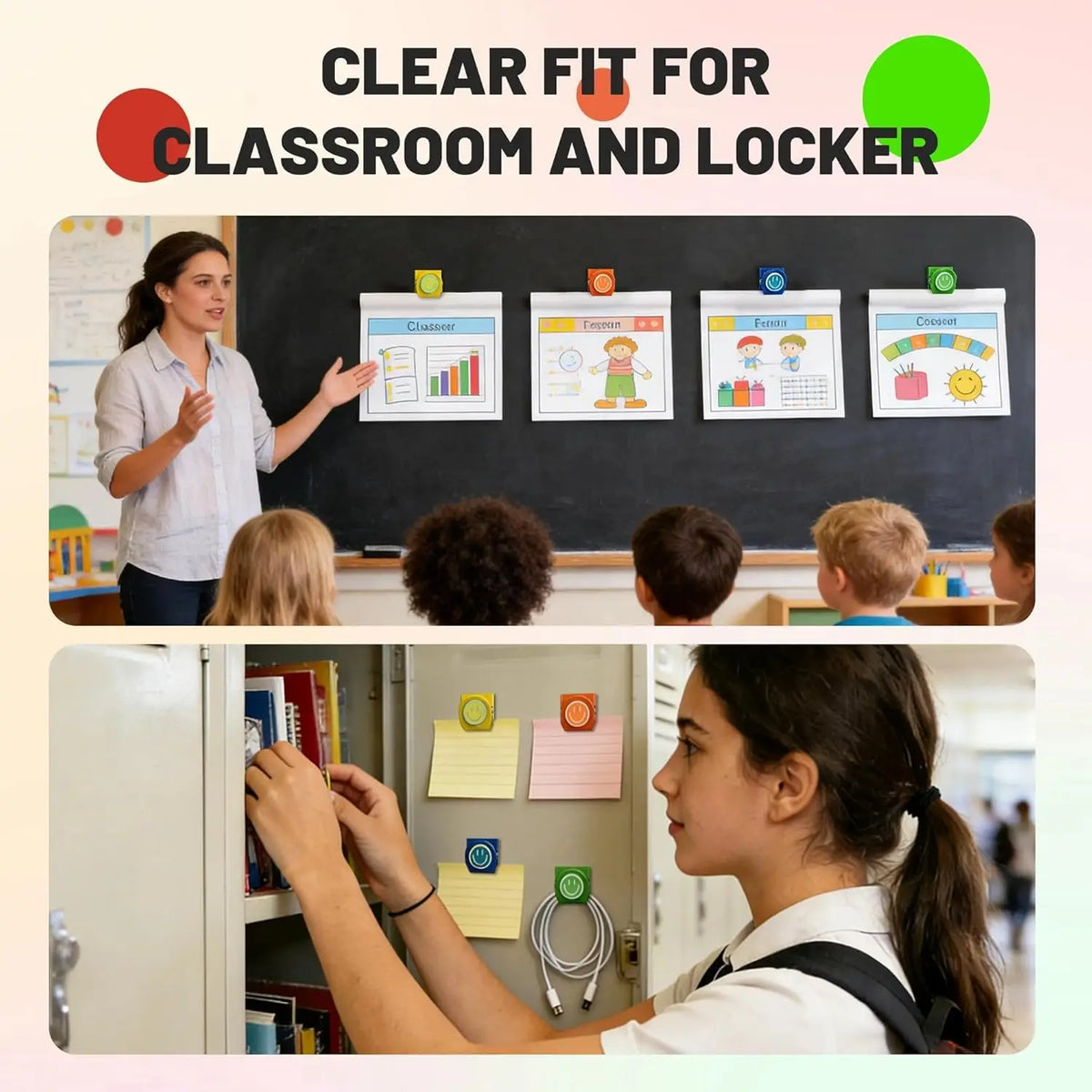 A woman is shown using colorful magnetic clips for classroom and locker organization.