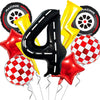 A set of nine foil balloons shaped like the number four and racing tires in black, yellow, and red.