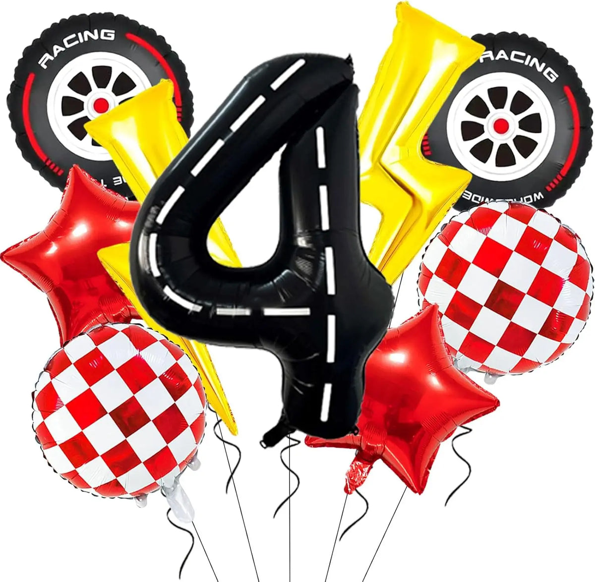 A set of nine foil balloons shaped like the number four and racing tires in black, yellow, and red.