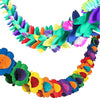 A colorful lei made of tropical flowers in shades of green, purple, pink, and orange.