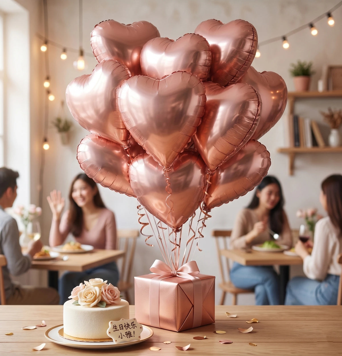A bouquet of pink heart-shaped foil balloons is displayed on a wooden table with a cake and flowers.