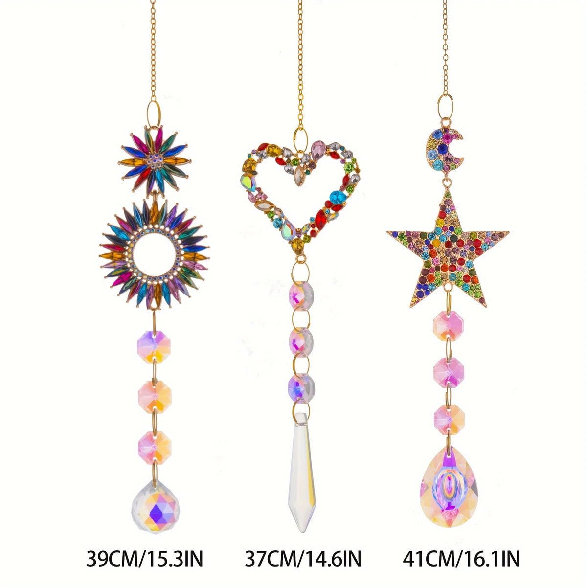 A crystal rainbow maker sun catcher with a love circle pentacle design featuring various colored crystals.