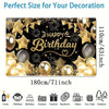 Elegant black and gold birthday party backdrop with balloons and confetti