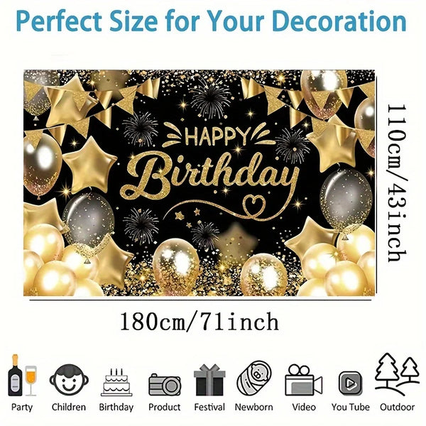 Elegant black and gold birthday party backdrop with balloons and confetti