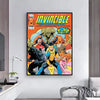 A poster featuring the title Invincible with various superhero characters in an action scene.
