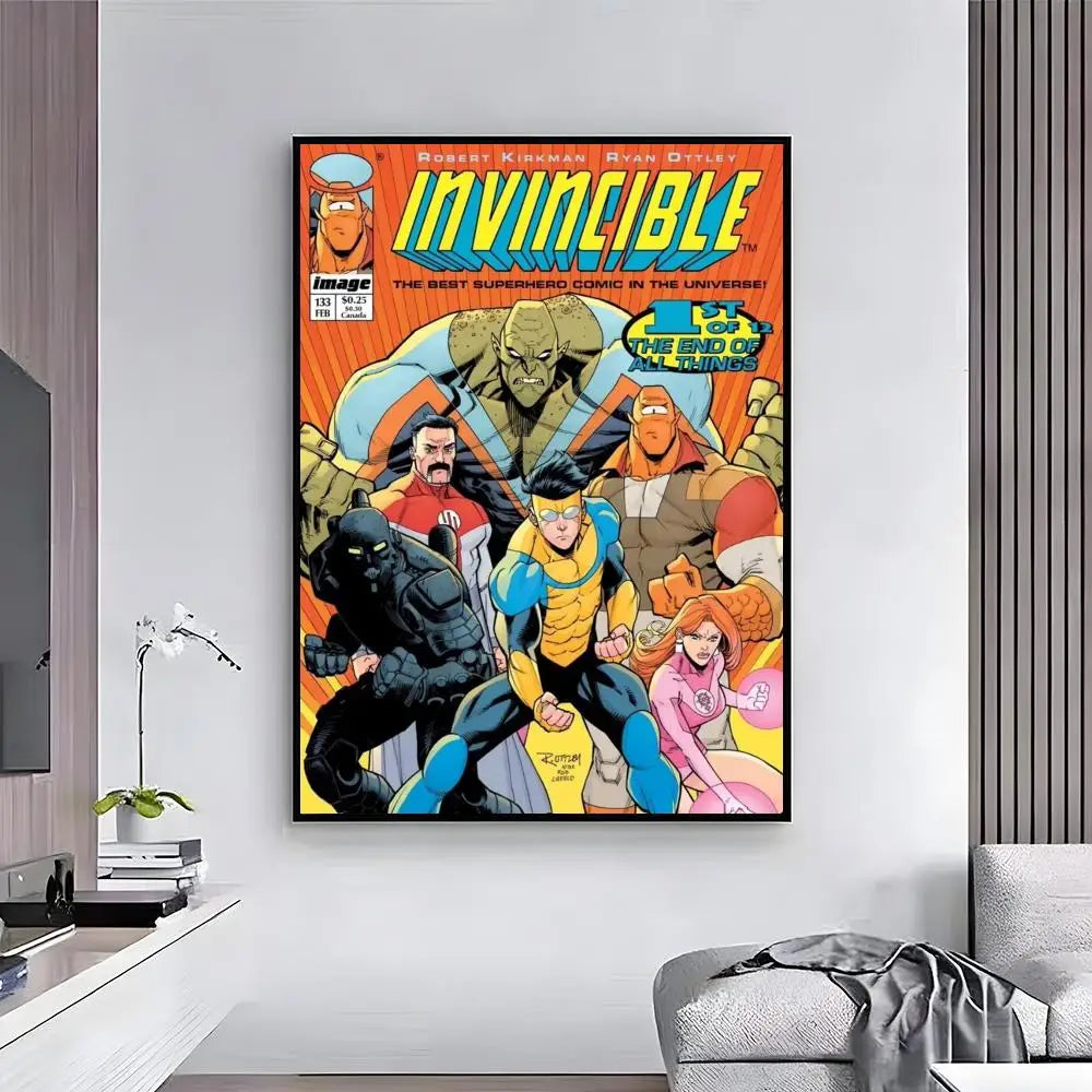 A poster featuring the title Invincible with various superhero characters in an action scene.