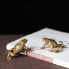 A brass money frog feng shui figurine resting on a book.