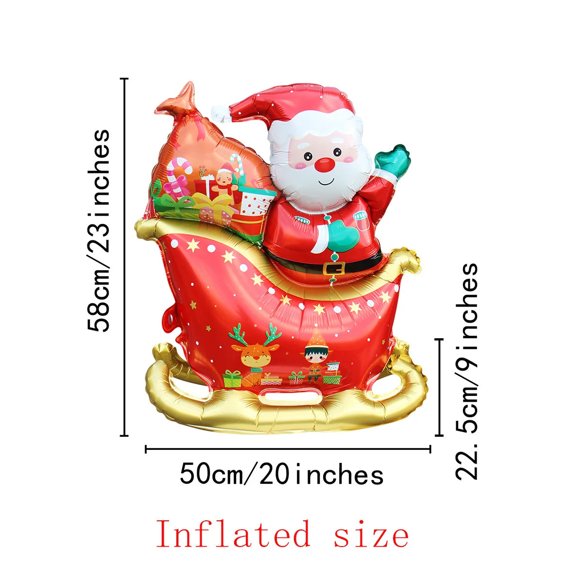 An inflated red Santa sleigh foil balloon set featuring a jolly Santa figure and deer/elk decorations.
