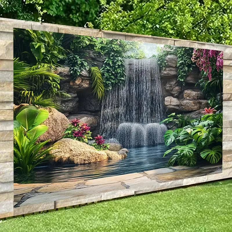 A rectangular banner depicting a lush garden scene with a waterfall cascading over rocks and into a pool.