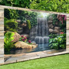 A rectangular banner depicting a lush garden scene with a waterfall cascading over rocks and into a pool.
