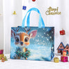 A blue reusable non-woven Christmas gift bag featuring a reindeer face design and sparkling holiday decorations.