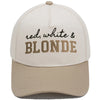 Casquette de baseball beige brodée avec le texte rouge blanc et BLONDE sur le devant.