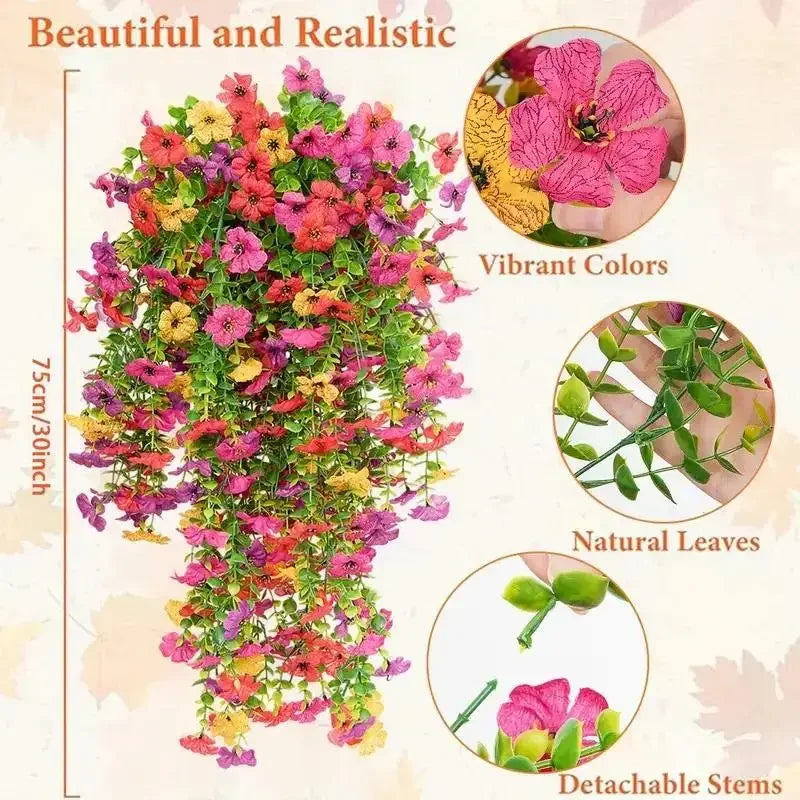 A vibrant artificial flower vine featuring pink, yellow, and red flowers on natural green leaves with detachable stems.
