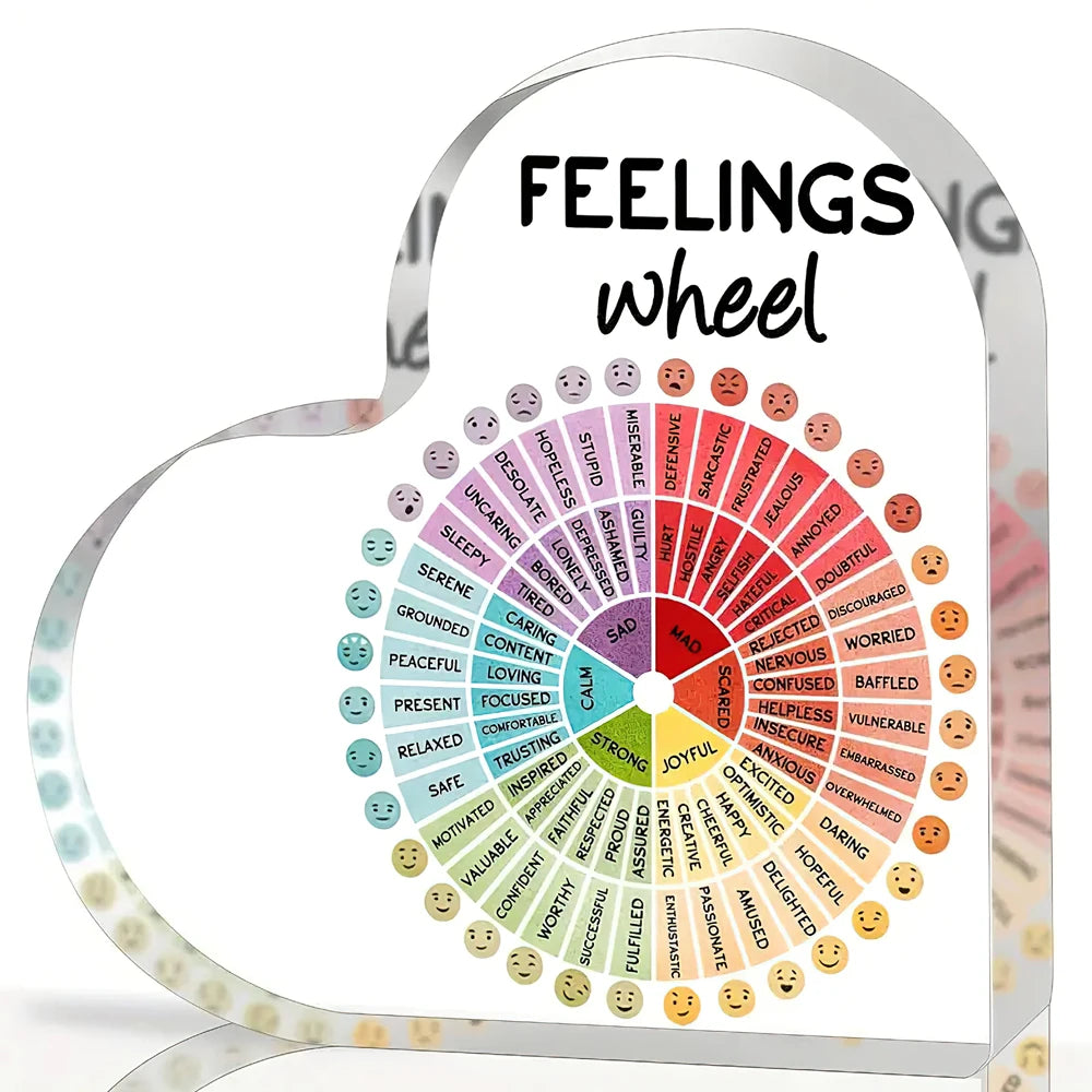 A heart-shaped acrylic sign featuring a feelings wheel with various emotions and affirmations.