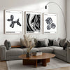 A set of three abstract puppy art canvas prints featuring black and white line drawings titled Inspiration, Abundance, and Eu