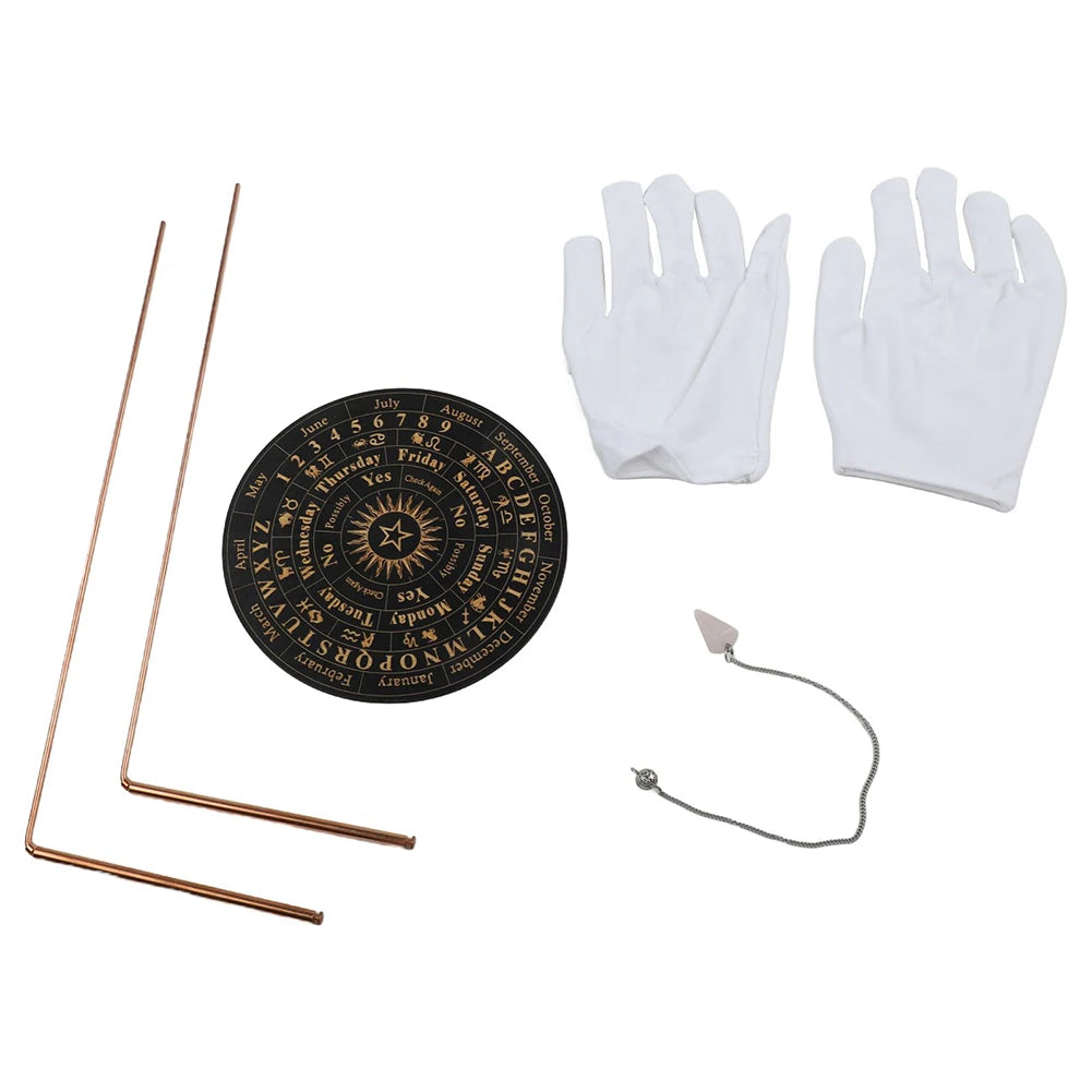 Un ensemble de tiges de divination en cuivre pur et une paire de gants de divination blancs.