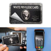 A black white privilege card is shown next to a credit card and a plastic card reader.