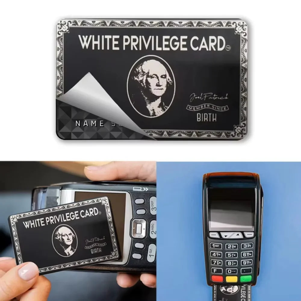 A black white privilege card is shown next to a credit card and a plastic card reader.