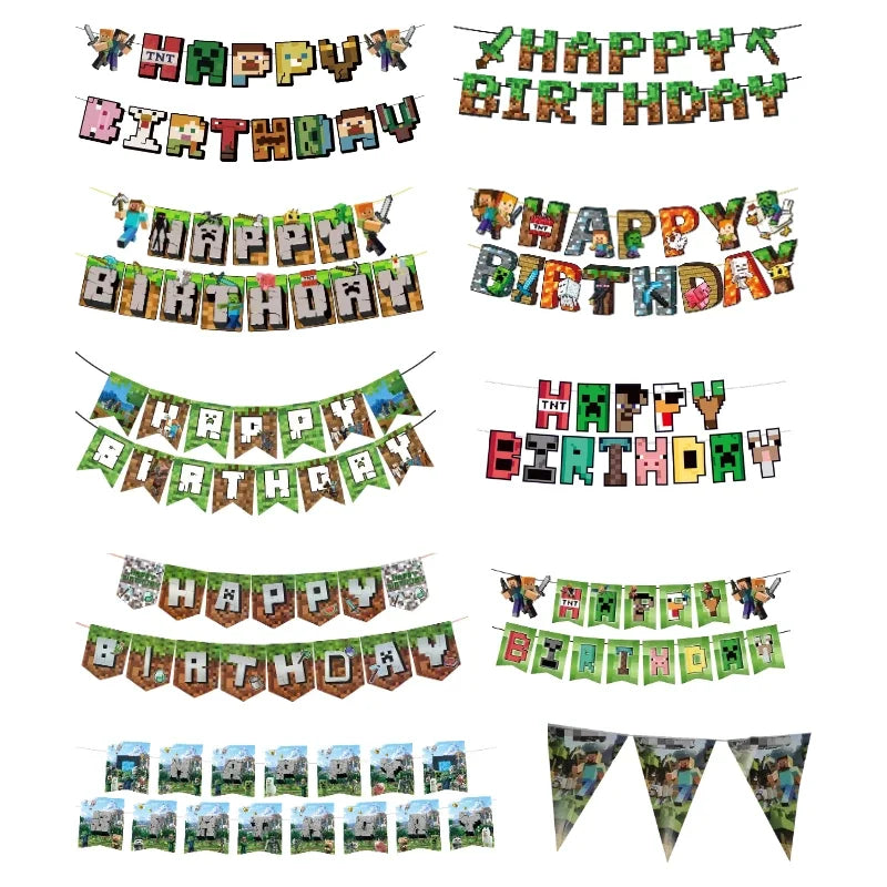 A collection of pixel art birthday banners featuring happy birthday text and Minecraft themed decorations.