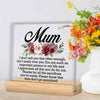 Personalized acrylic keepsake plaque with a floral design and wooden base for Mom