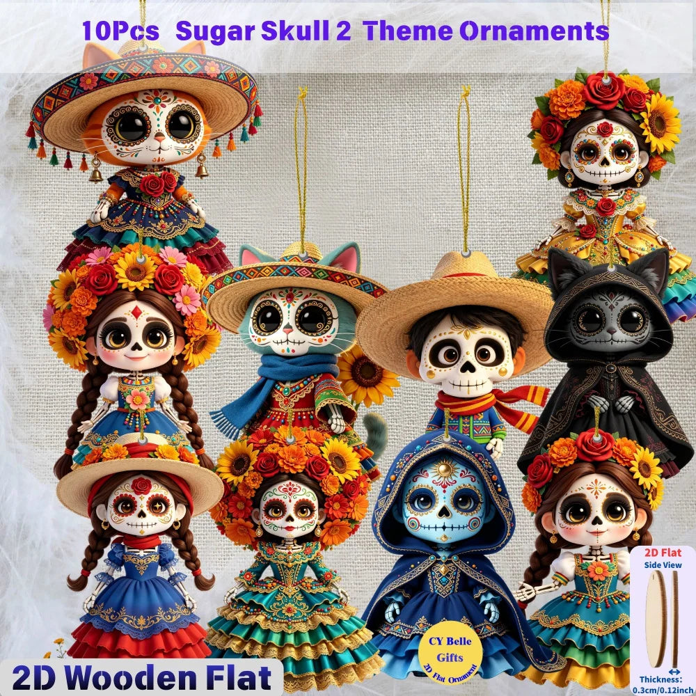 Ten sugar skull ornaments made of flat wood featuring colorful decorations for Halloween and Day of the Dead