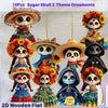 Ten sugar skull ornaments made of flat wood featuring colorful decorations for Halloween and Day of the Dead
