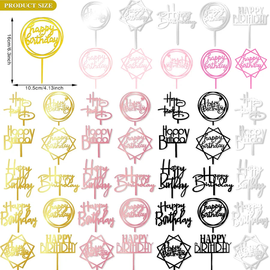 A collection of mirrored gold acrylic cake toppers for birthday celebrations in various designs.