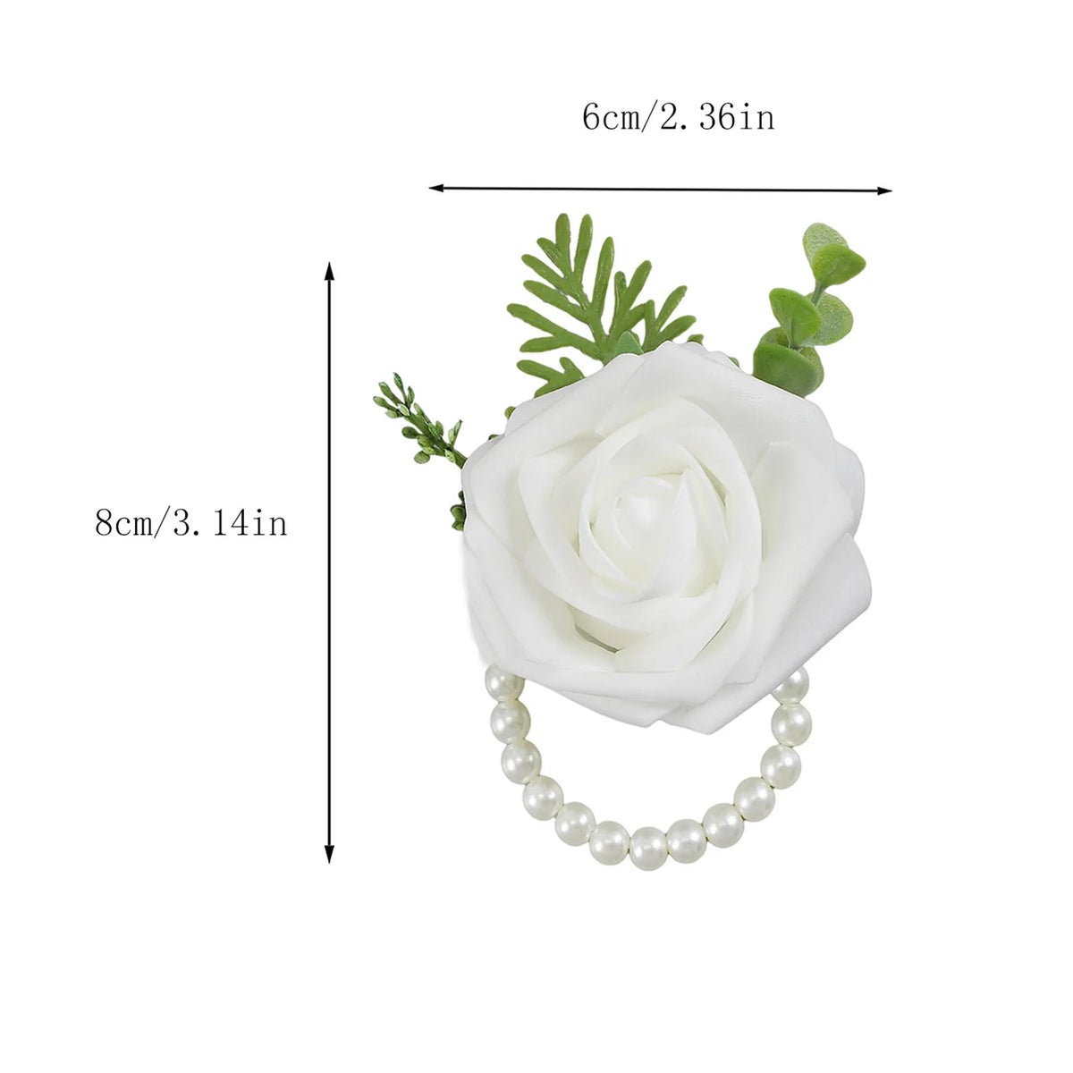 White rose corsage bracelet featuring a white rose and green foliage, designed for weddings.