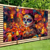 A vibrant Day of the Dead party backdrop featuring a woman with intricate skull makeup and colorful floral headdress against 