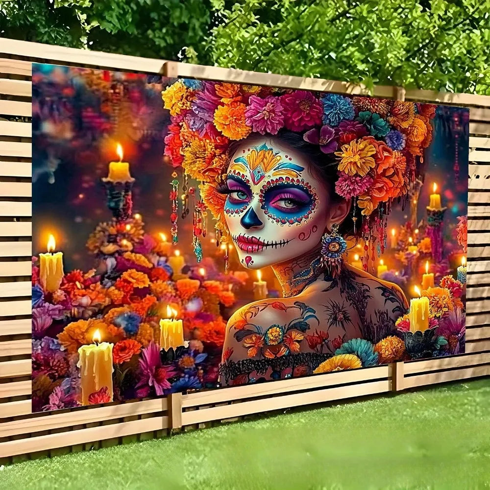 A vibrant Day of the Dead party backdrop featuring a woman with intricate skull makeup and colorful floral headdress against 